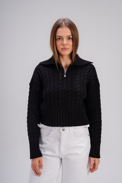 Black Ribbed Knit Zipper Sweater