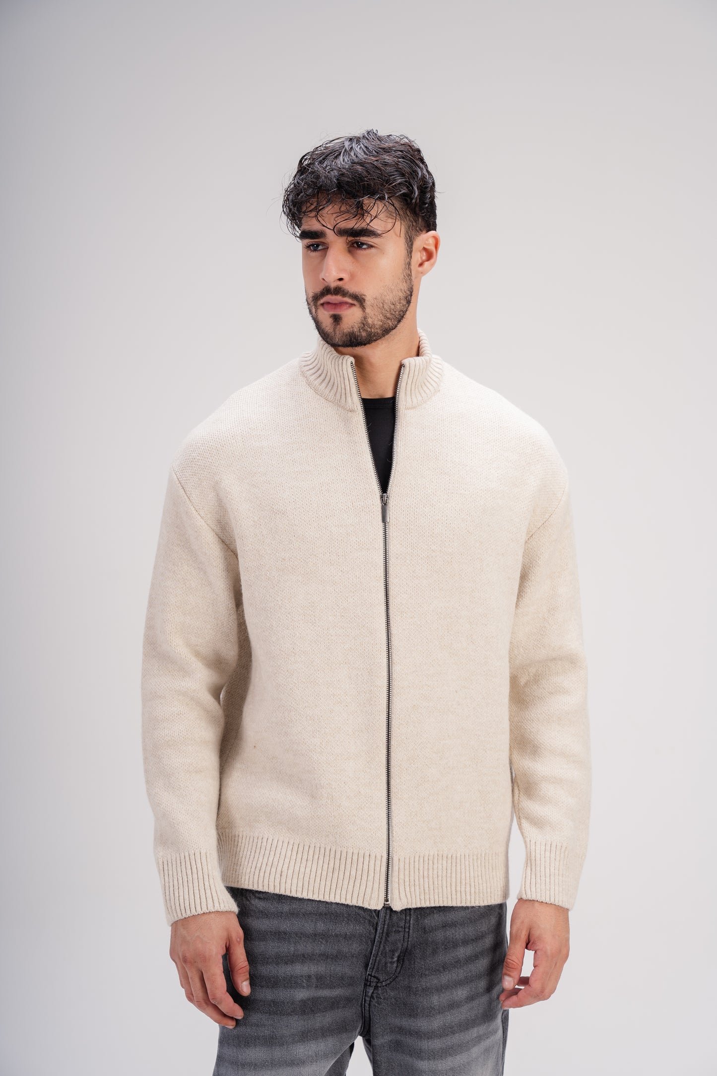 Light Beige Full-Zip Knitted Sweater