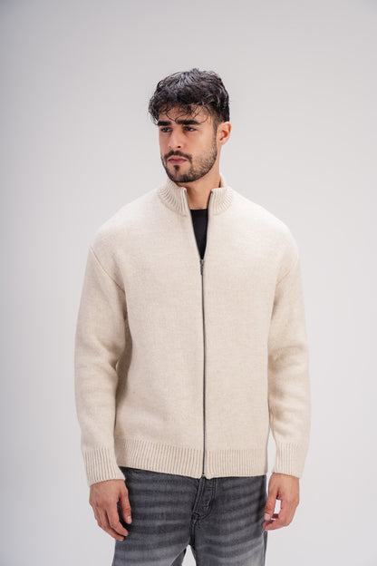 Light Beige Full-Zip Knitted Sweater