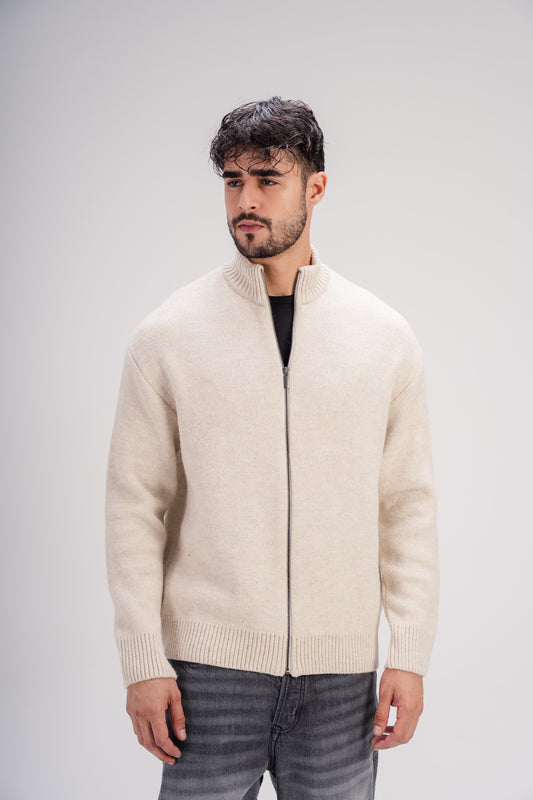 Light Beige Full-Zip Knitted Sweater
