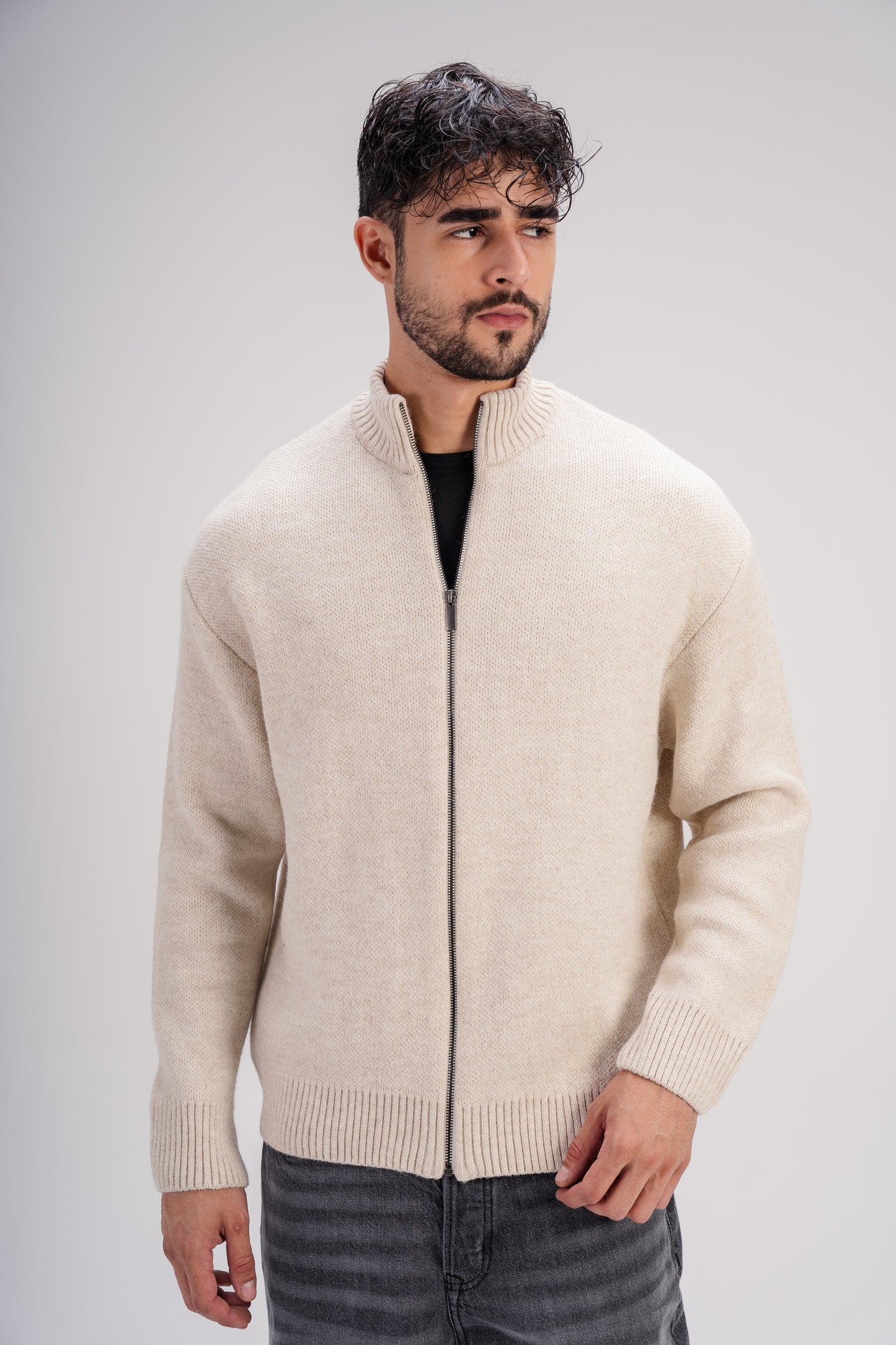 Light Beige Full-Zip Knitted Sweater