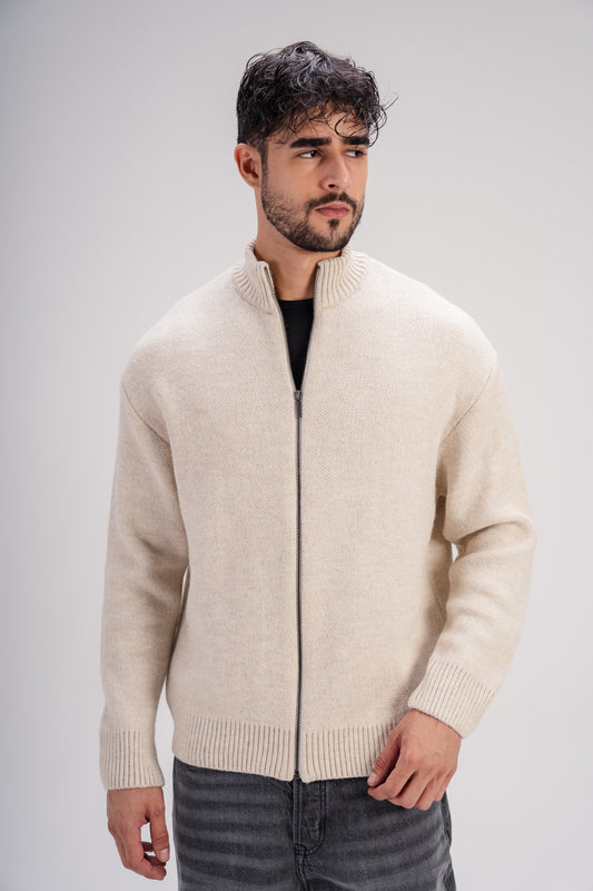 Light Beige Full-Zip Knitted Sweater