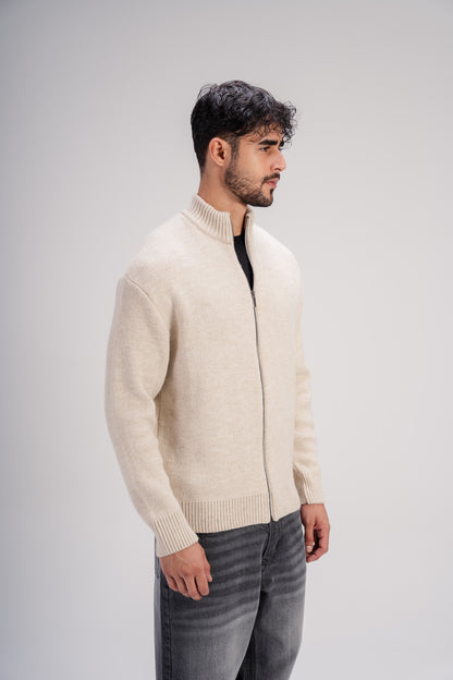 Light Beige Full-Zip Knitted Sweater
