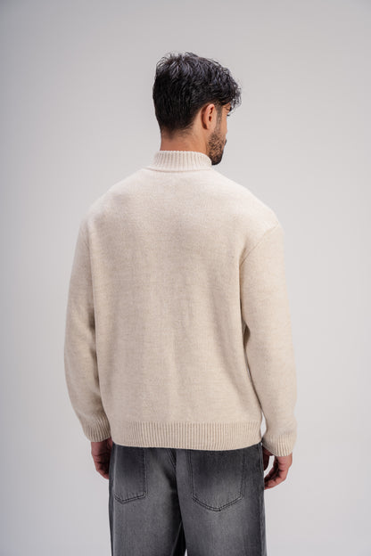 Light Beige Full-Zip Knitted Sweater