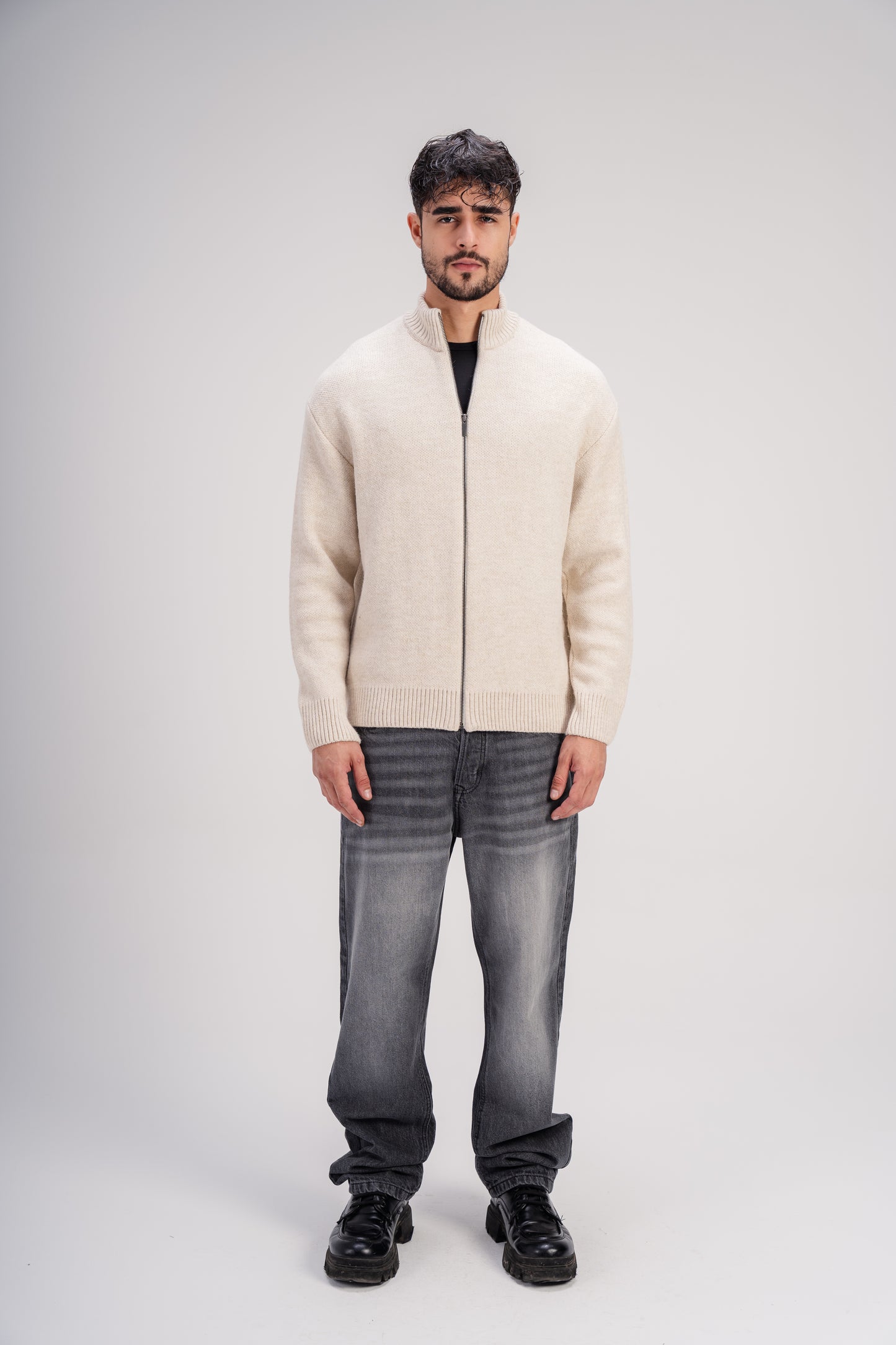 Light Beige Full-Zip Knitted Sweater