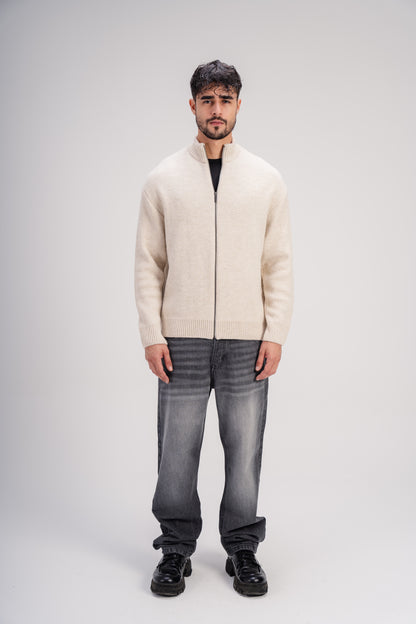 Light Beige Full-Zip Knitted Sweater