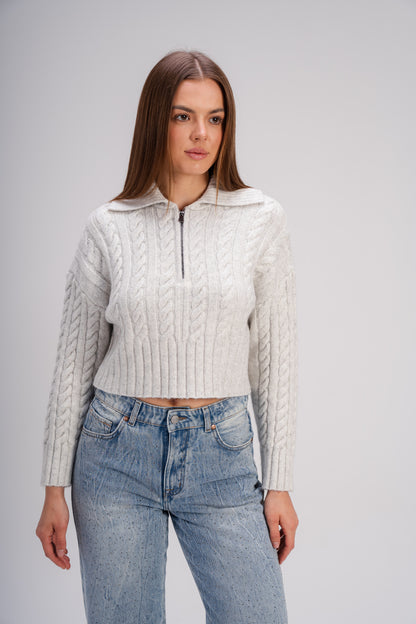 Grey Ribbed Knit Zipper Sweater