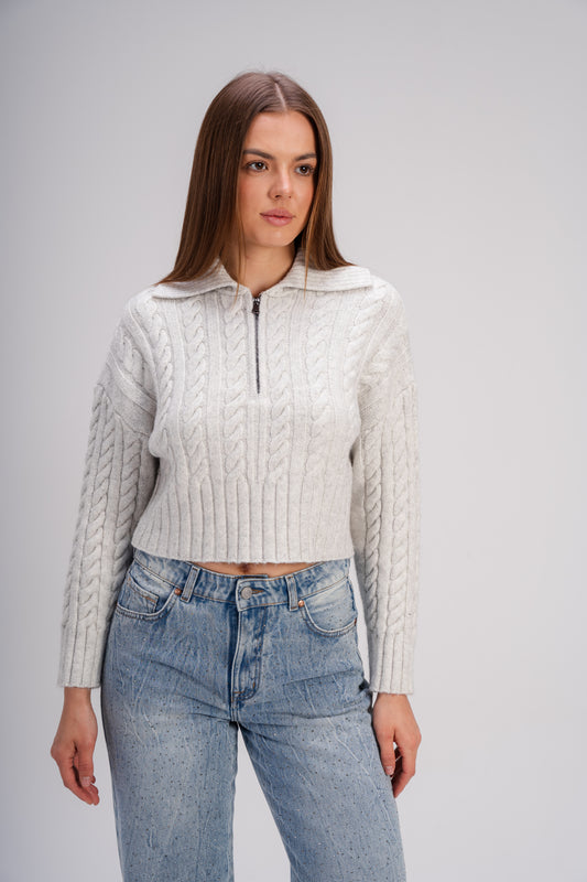 Grey Ribbed Knit Zipper Sweater