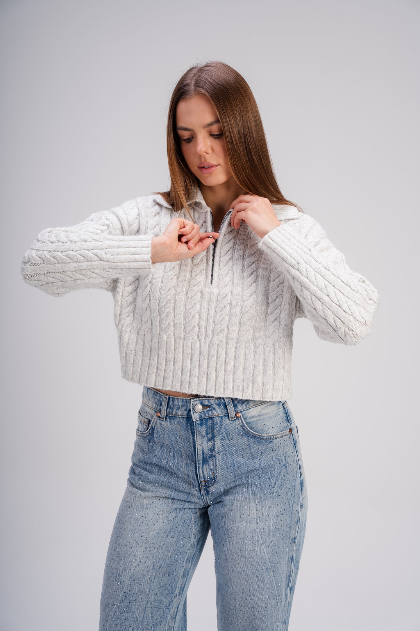 Grey Ribbed Knit Zipper Sweater