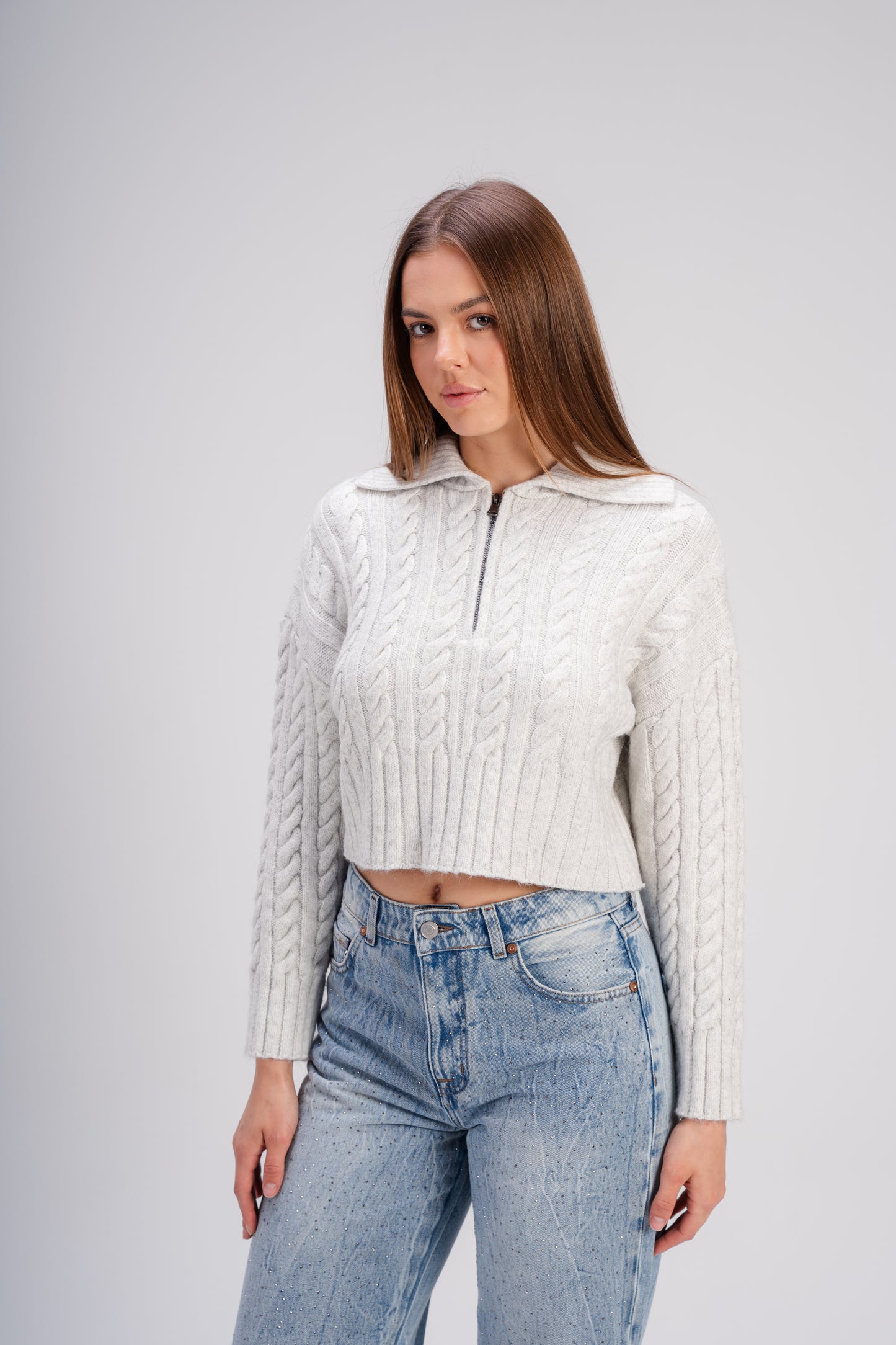 Grey Ribbed Knit Zipper Sweater