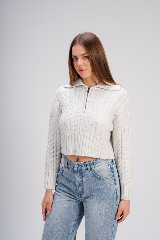 Grey Ribbed Knit Zipper Sweater