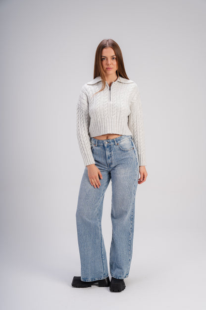 Grey Ribbed Knit Zipper Sweater