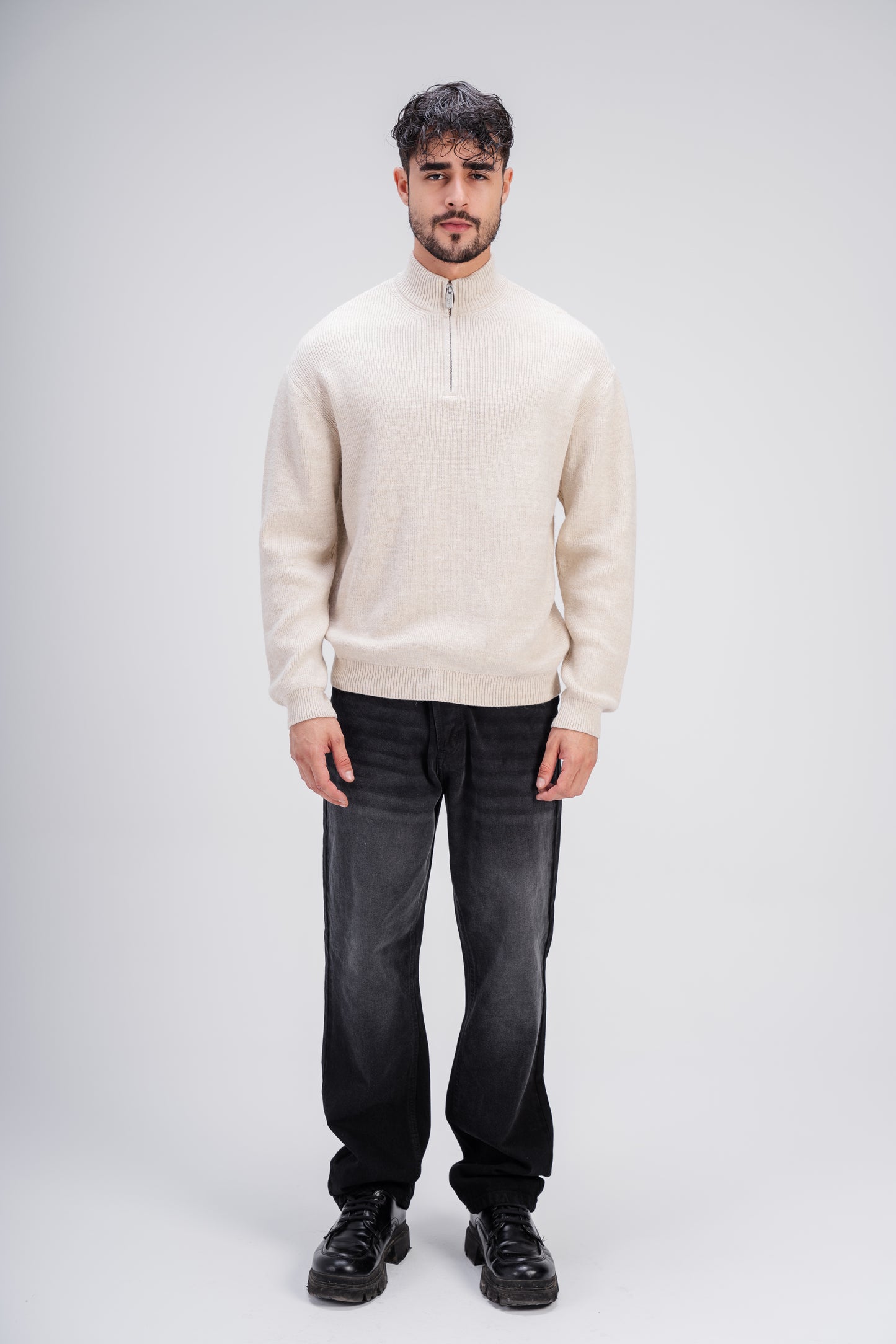 Quarter Zip Knit in Beige