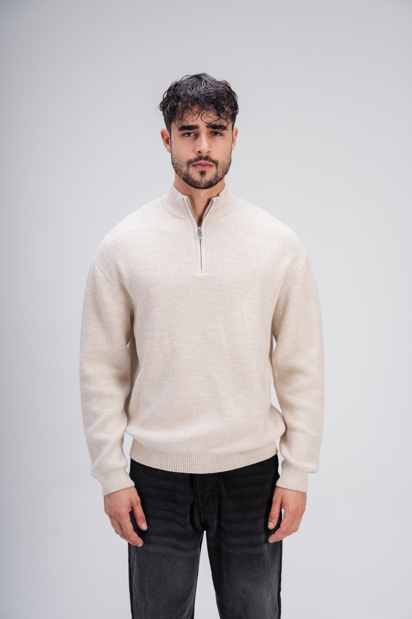 Quarter Zip Knit in Beige