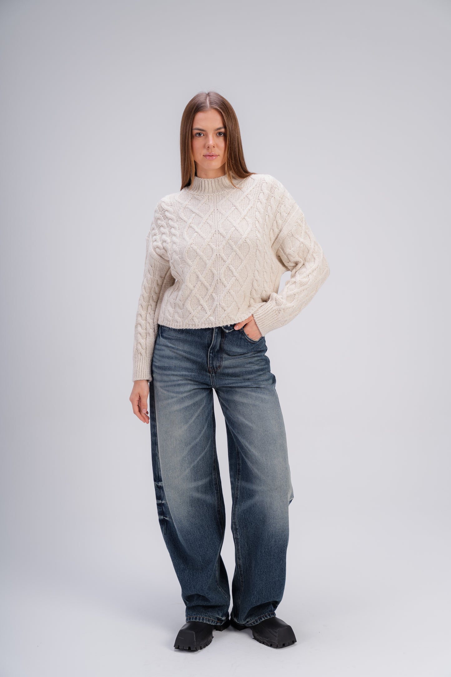 High Neck Cable Knit Sweater in Beige