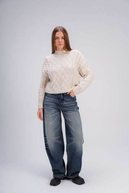 High Neck Cable Knit Sweater in Beige