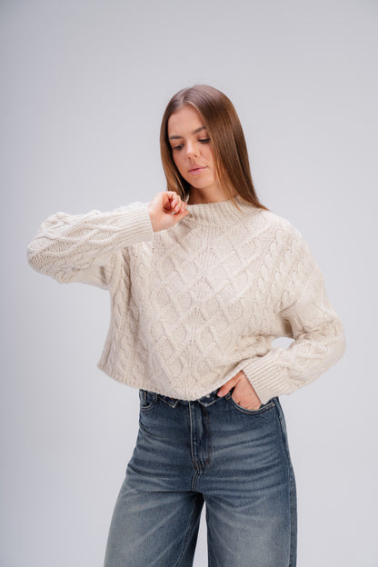 High Neck Cable Knit Sweater in Beige
