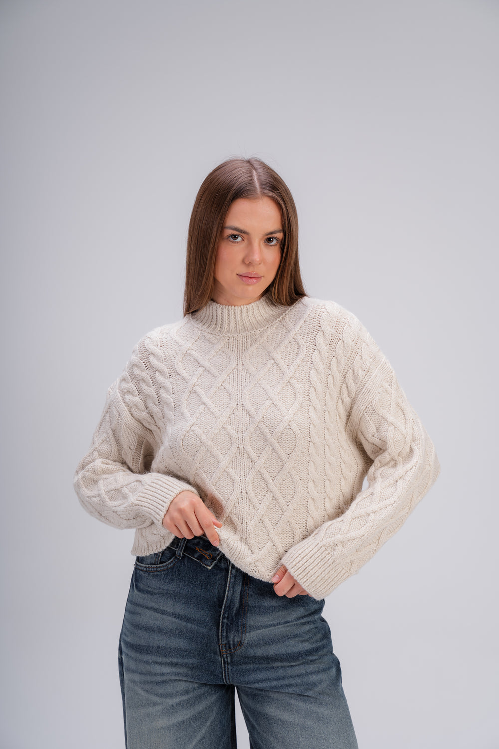 High Neck Cable Knit Sweater in Beige