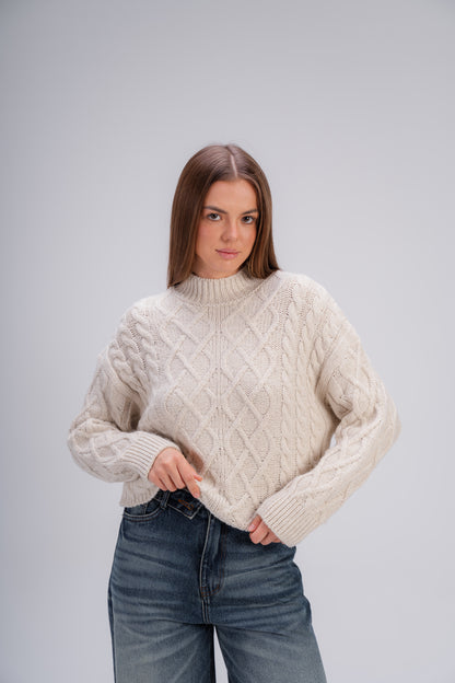 High Neck Cable Knit Sweater in Beige