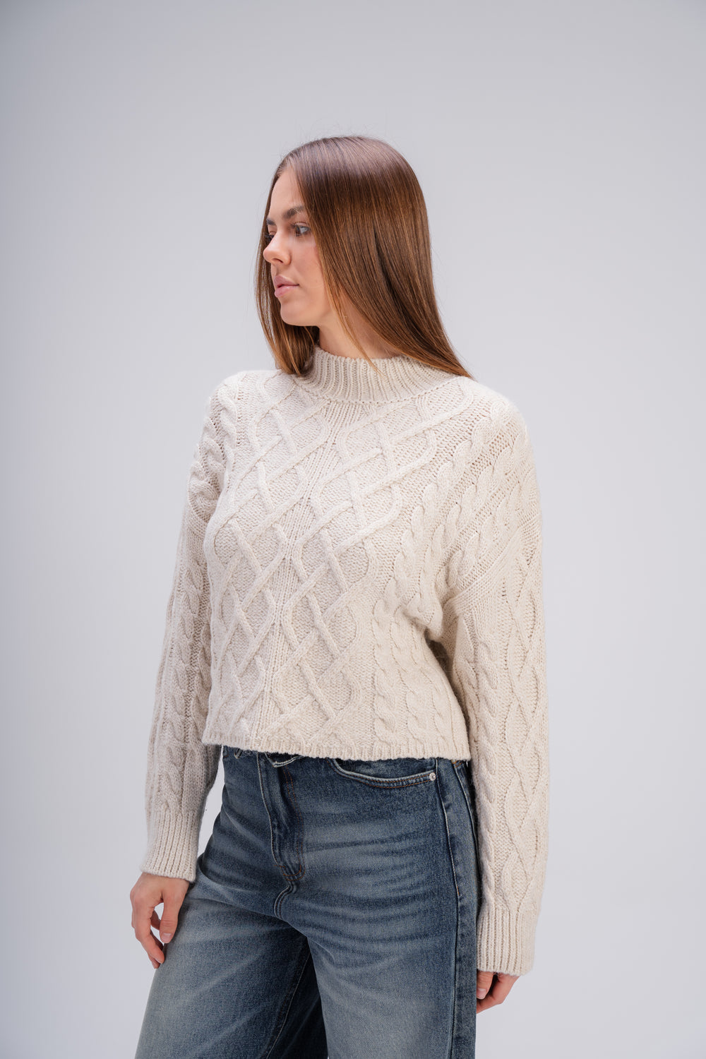 High Neck Cable Knit Sweater in Beige
