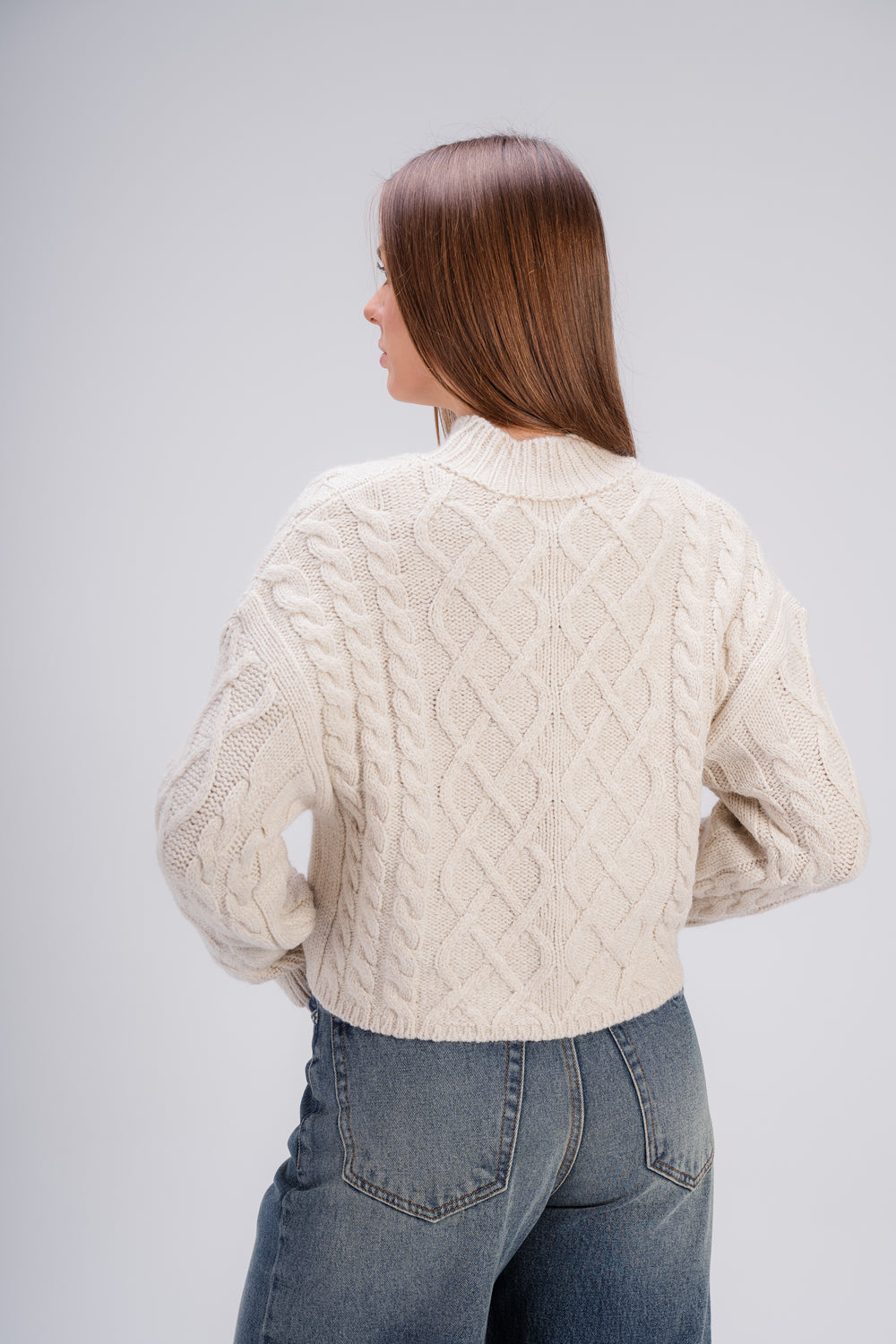 High Neck Cable Knit Sweater in Beige