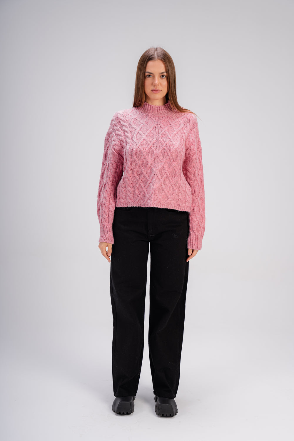 High Neck Cable Knit Sweater in Pink