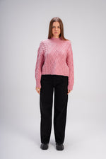 High Neck Cable Knit Sweater in Pink