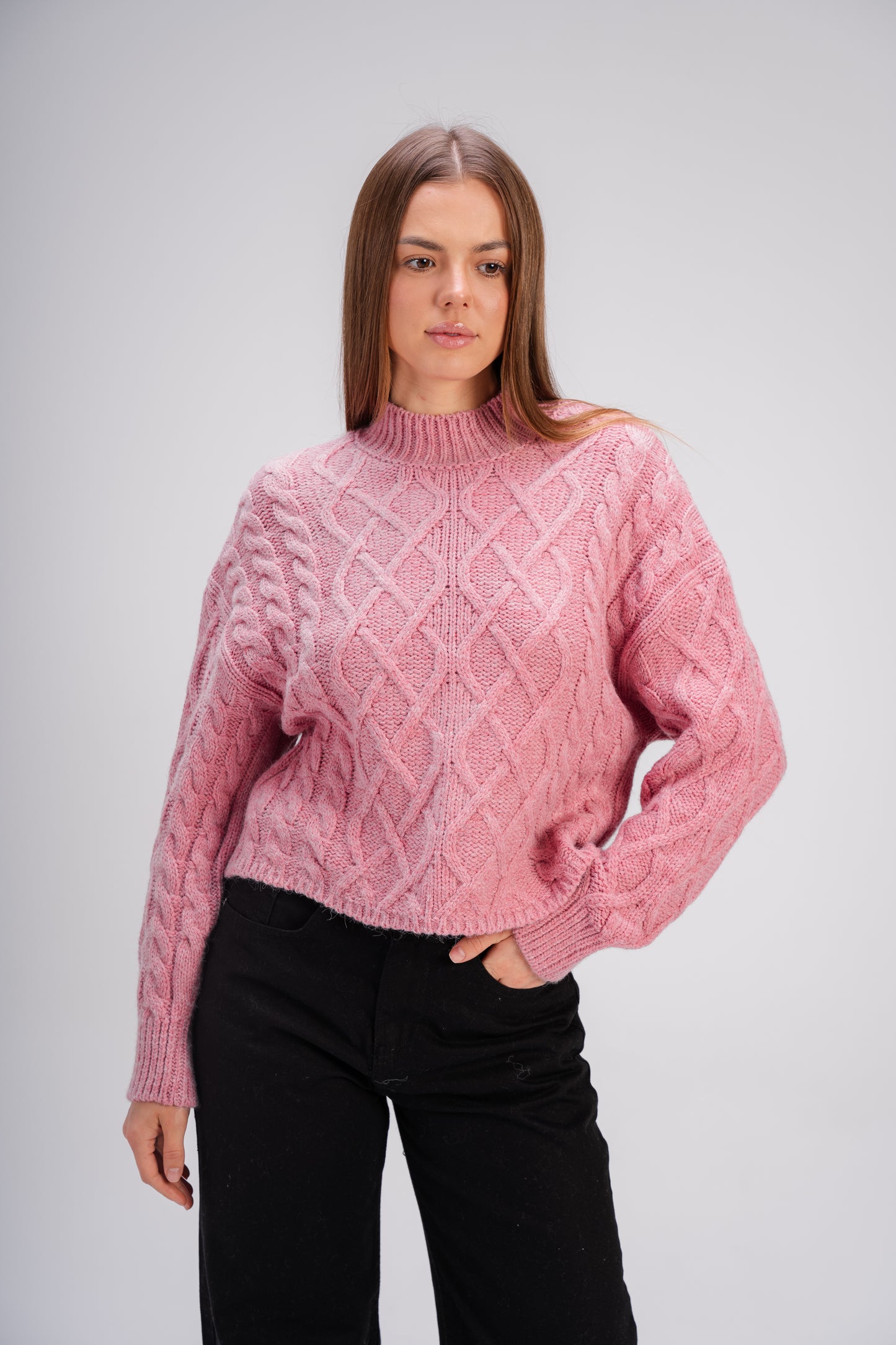 High Neck Cable Knit Sweater in Pink