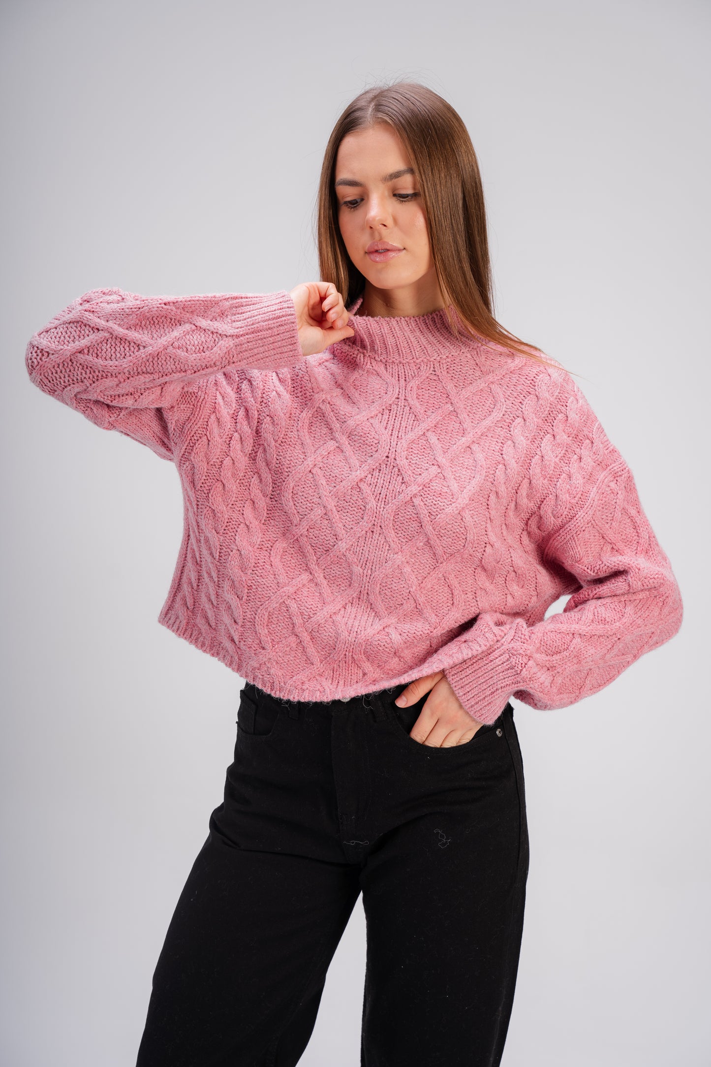 High Neck Cable Knit Sweater in Pink