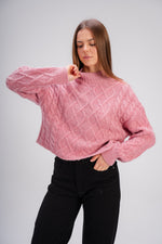 High Neck Cable Knit Sweater in Pink