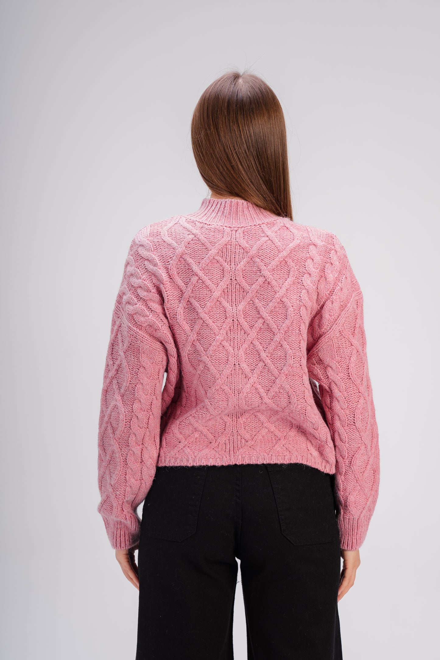 High Neck Cable Knit Sweater in Pink