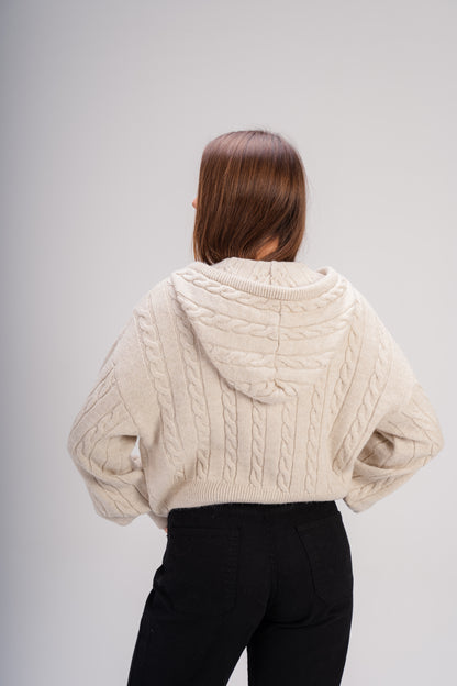 Women’s Cable Knit Zip Sweater – Light Beige