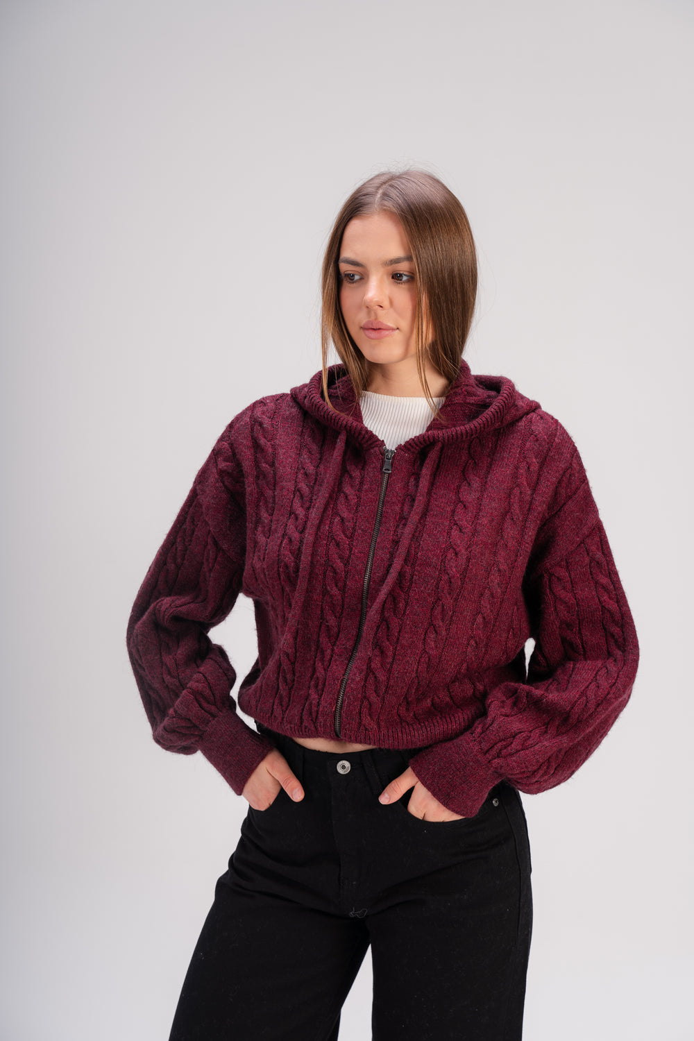 Women’s Cable Knit Zip Sweater – Deep Burgundy