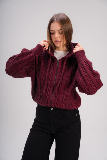 Women’s Cable Knit Zip Sweater – Deep Burgundy
