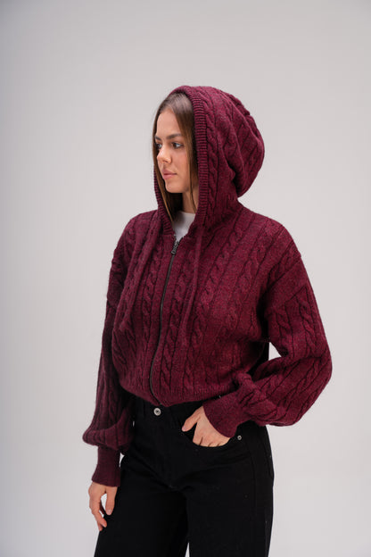 Women’s Cable Knit Zip Sweater – Deep Burgundy