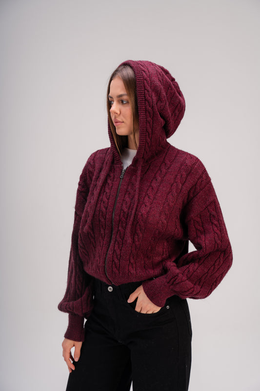 Women’s Cable Knit Zip Sweater – Deep Burgundy