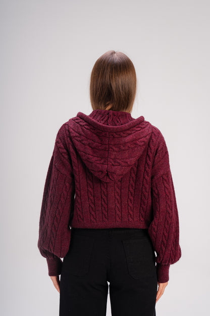 Women’s Cable Knit Zip Sweater – Deep Burgundy