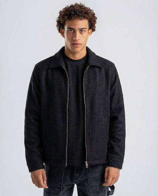 Wool Jacket with Zipper – Black