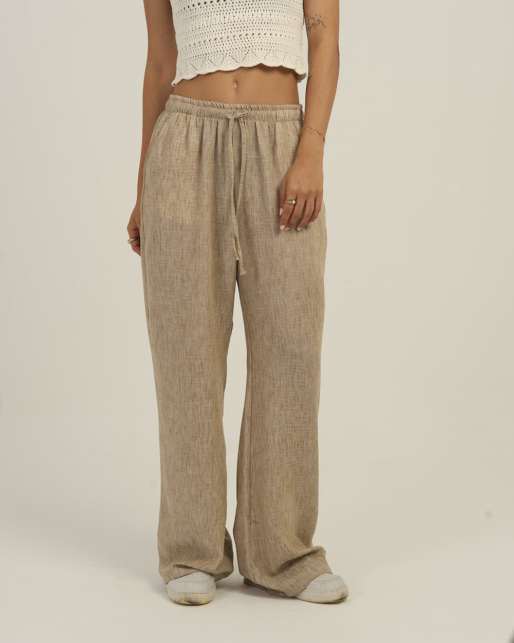 Women's Relaxed Linen-Blend Wide-Leg Trousers Beige