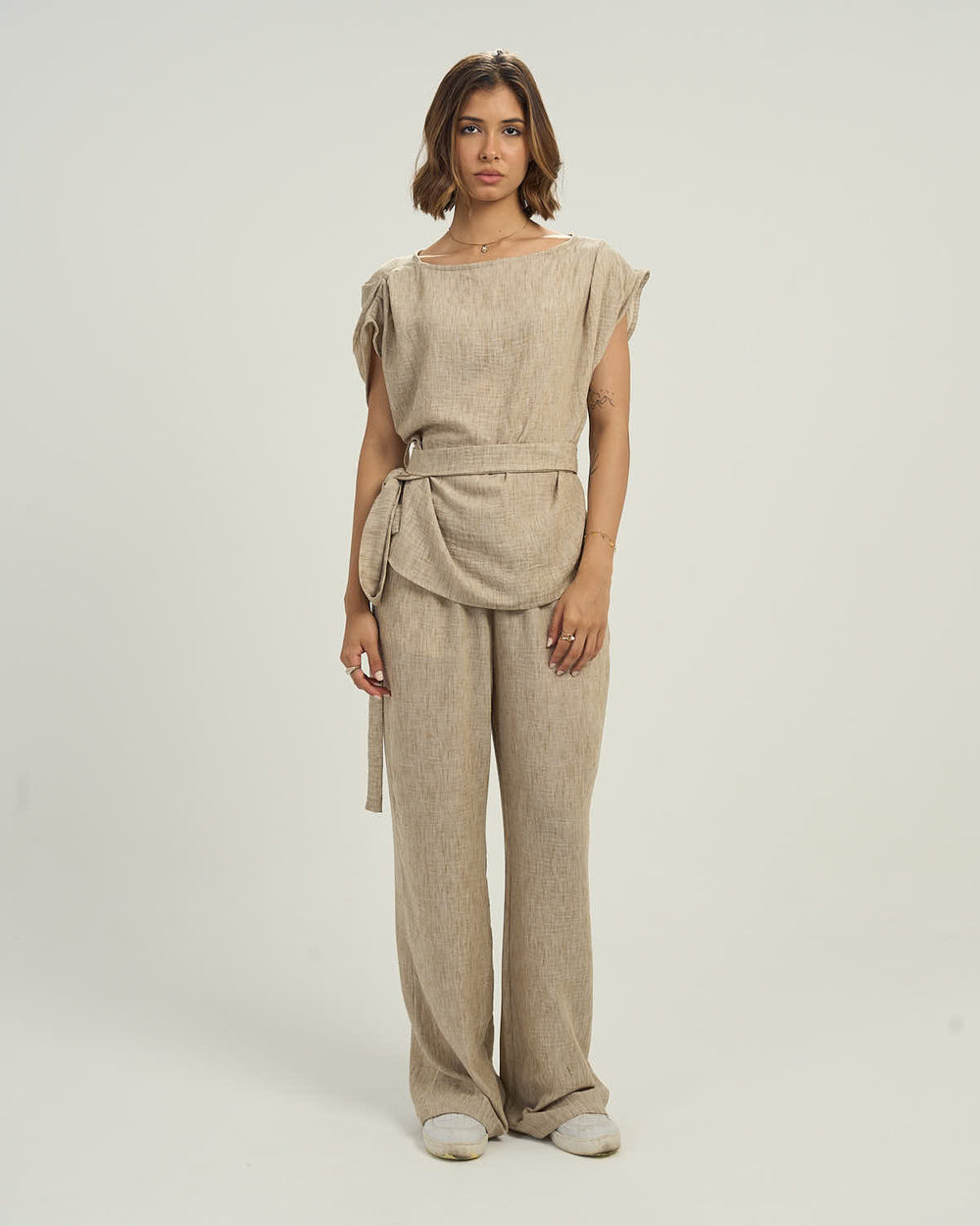 Women's Linen-Blend Draped Top with Waist Tie beige