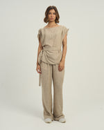 Women's Linen-Blend Draped Top with Waist Tie beige