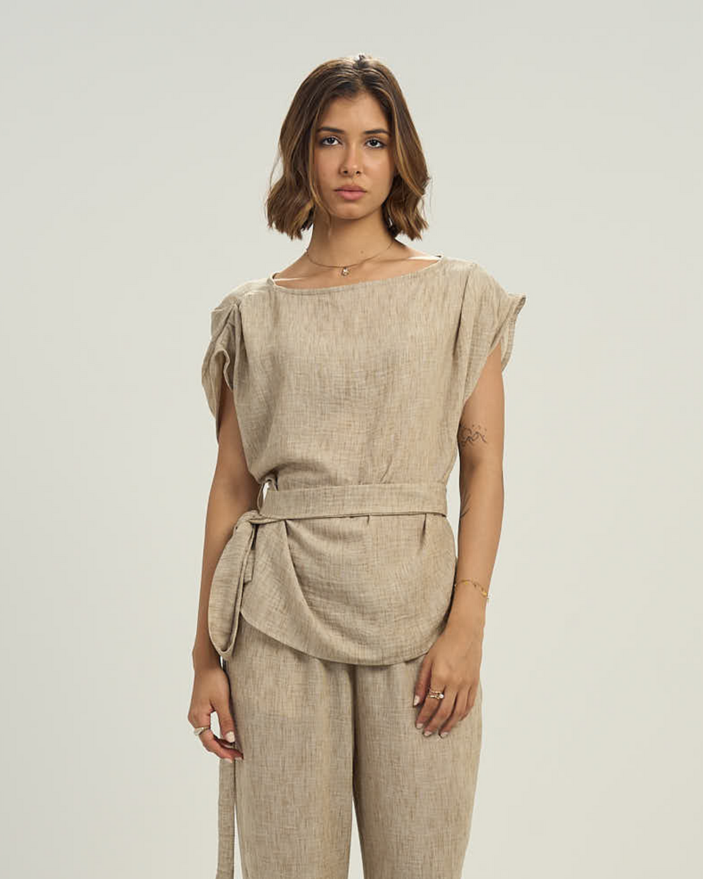 Women's Linen-Blend Draped Top with Waist Tie beige