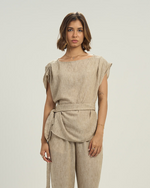 Women's Linen-Blend Draped Top with Waist Tie beige