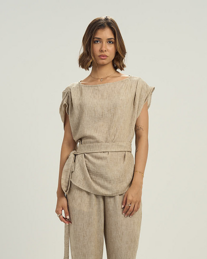 Women's Linen-Blend Draped Top with Waist Tie beige