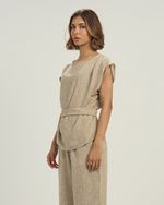 Women's Linen-Blend Draped Top with Waist Tie beige