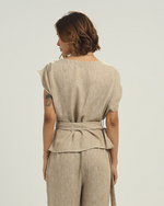 Women's Linen-Blend Draped Top with Waist Tie beige
