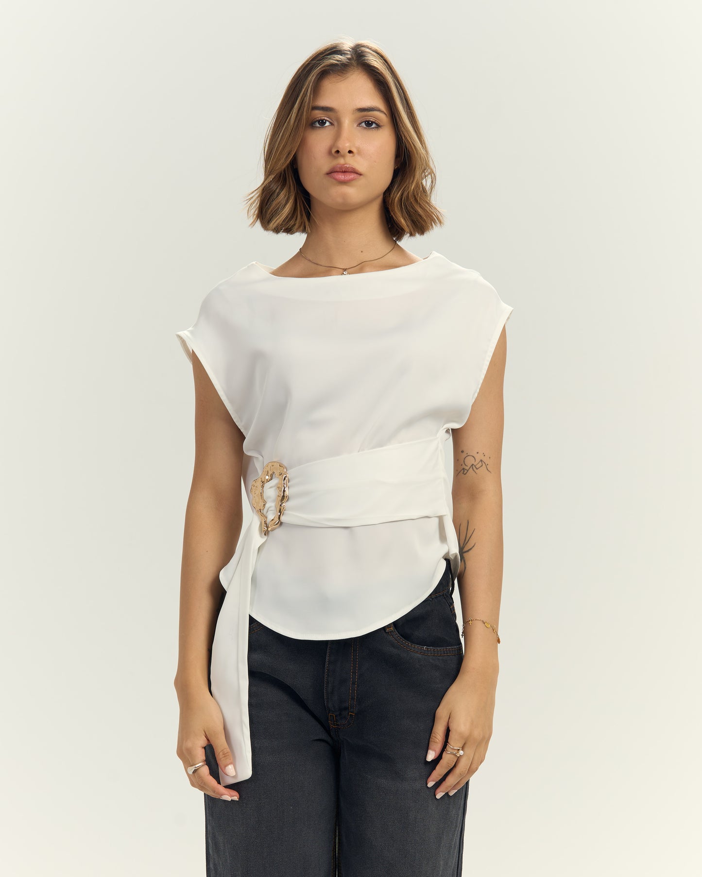 Women’s Satin blouse with Sculptural Gold Buckle White
