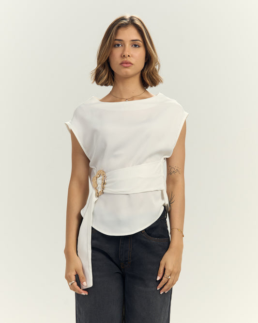 Women’s Satin blouse with Sculptural Gold Buckle White