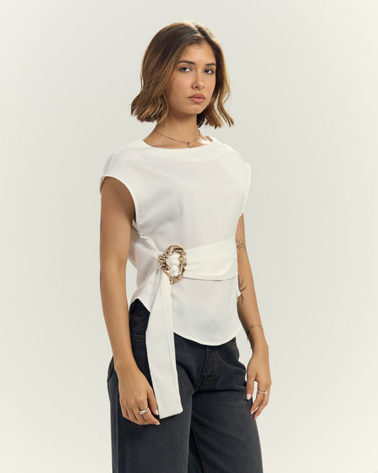 Women’s Satin blouse with Sculptural Gold Buckle White
