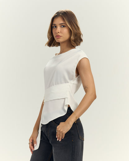 Women’s Satin blouse with Sculptural Gold Buckle White